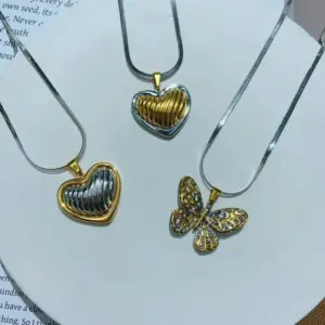Wholesale Jewelry Elegant Cute Red Heart Butterfly 304 Stainless Steel 18K Gold Plated Casting Pendant Necklace Snake Chain