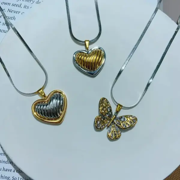Wholesale Jewelry Elegant Cute Red Heart Butterfly 304 Stainless Steel 18K Gold Plated Casting Pendant Necklace Snake Chain