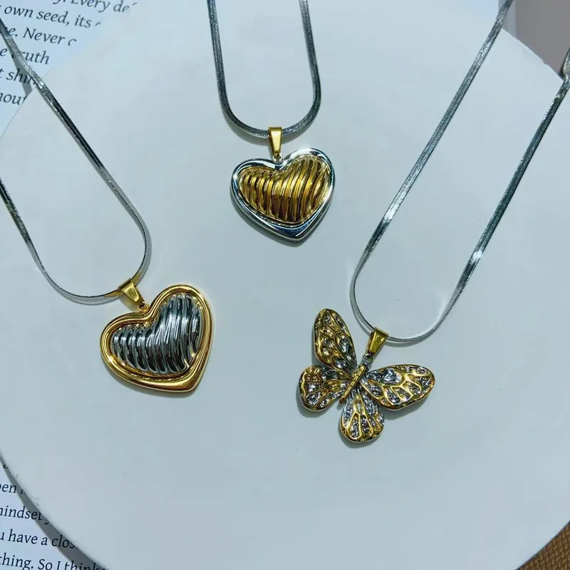 Wholesale Jewelry Elegant Cute Red Heart Butterfly 304 Stainless Steel 18K Gold Plated Casting Pendant Necklace Snake Chain