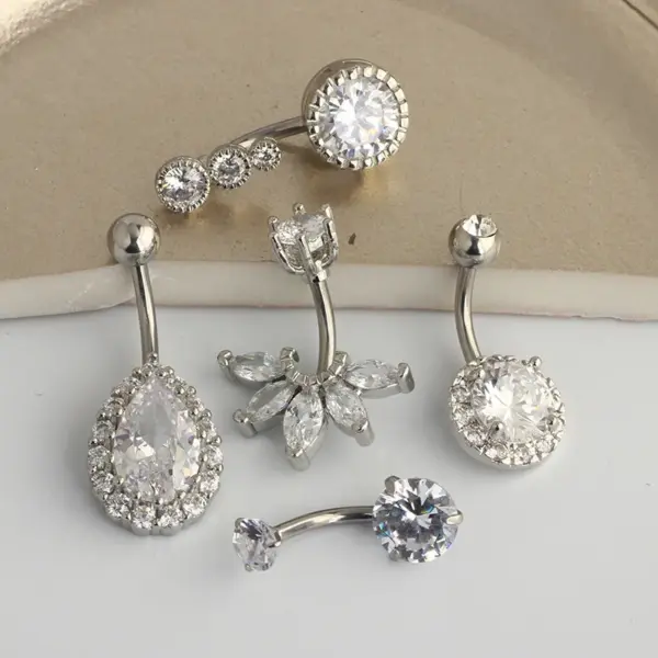 Wholesale Fashion Water Droplets Stainless Steel Inlay Zircon Belly Ring 5 Pieces