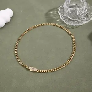 Rectangular Zircon Cuban Link Chain Necklace (Gold)【String Length: 450mm】 / 1 Strand/Package