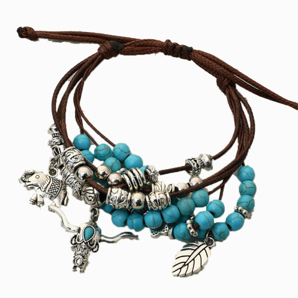 Wholesale European and American New Ethnic Style Bohemian Turquoise Tow Head Elephant Leaf Pendant Handmade Multi-layer Bracelet Bracelet