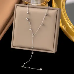 【H234】Round Beads Tassel Necklace / Steel Color