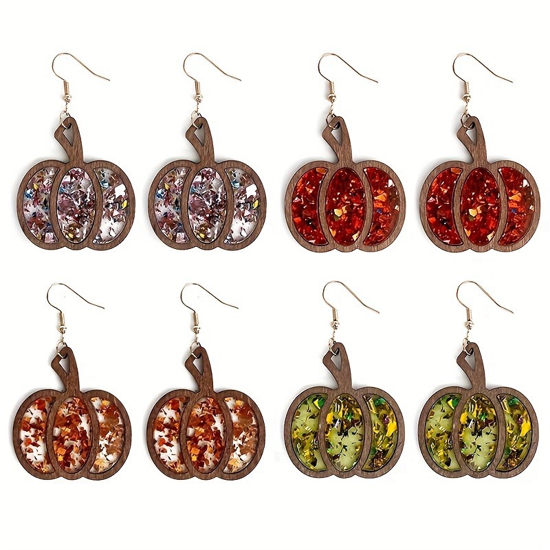 Wholesale Thanksgiving Vintage Wood Inlaid Sequin Earrings