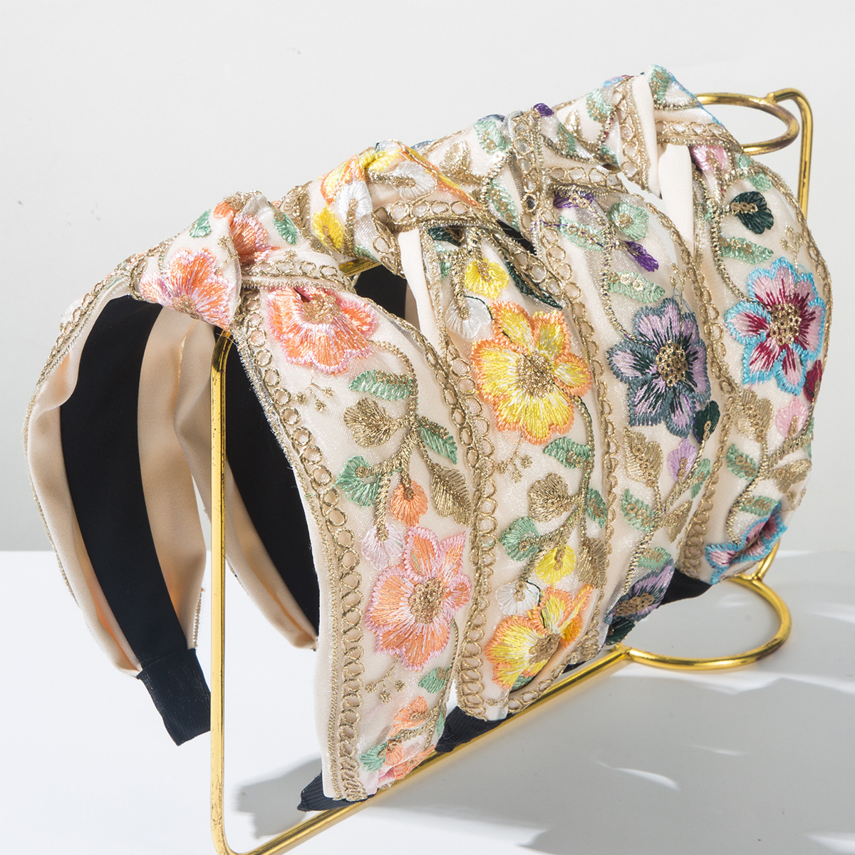 Wholesale Korean Style Light Luxury Satin Mesh Embroidered Headband Chinese Style High Cranial Top Wide Side Internet Celebrity Fashionable Daily Exte