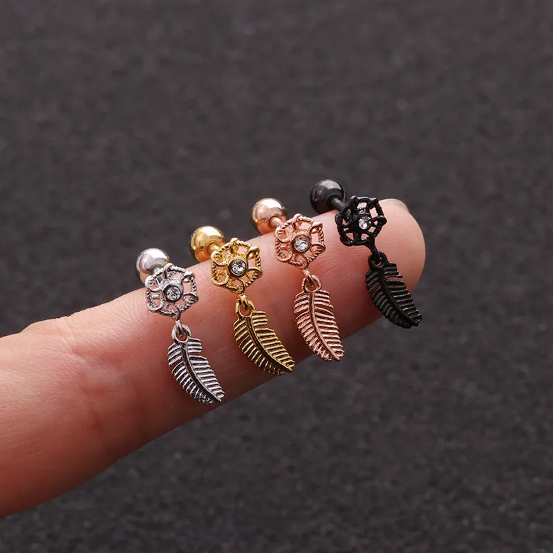 Wholesale Copper Zircon Ear Cartilage Rings & Studs Leaf Waterproof Non Tarnish Surgical Steel