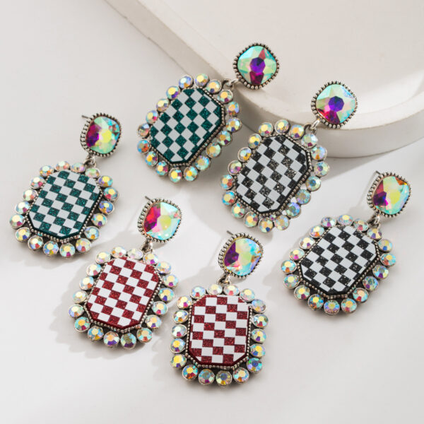 Wholesale Diamond-encrusted checkered earrings, women's alloy square stud earrings