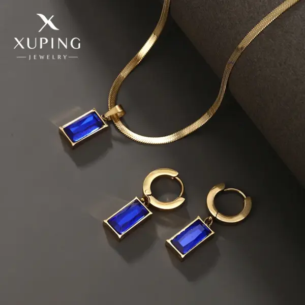 304 Stainless Steel 18K Gold Plated Glam Luxurious XUPING Plating Inlay Rectangle Artificial Gemstones Earrings Necklace