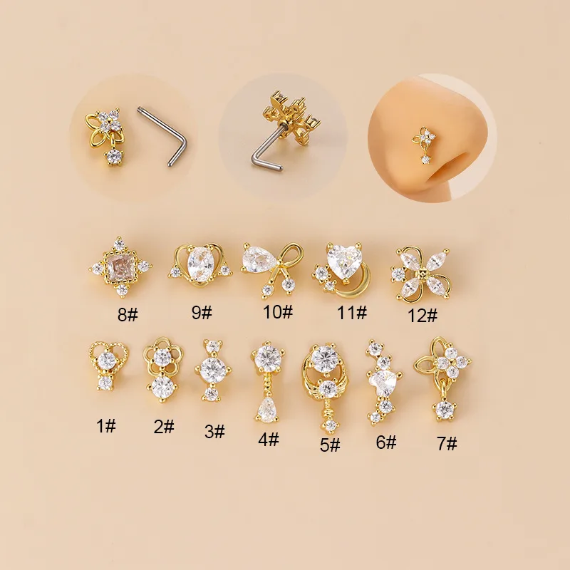 Wholesale 1 Piece 316L Stainless Steel Copper Zircon Nose Rings & Studs Flower Bow Knot Waterproof Non Tarnish Surgical Steel Women'S Unisex