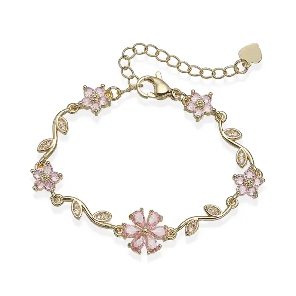 Wholesale Luxurious Copper Embedded Colorful Diamond Five-Petal Flower Branch Leaf Bracelet Creative Versatile Elegant Jewelry Accessory