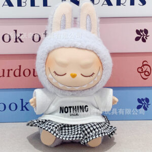 LBB-31 Two-Piece Set (White T-shirt + Houndstooth Skirt) / Labubu is wearable in its first, second, and third generations.