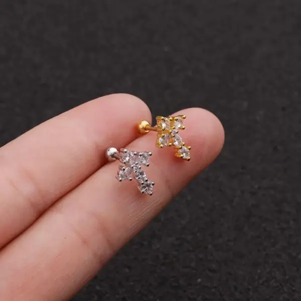 Copper Zircon Ear Cartilage Rings & Studs Cross Waterproof Non Tarnish Surgical Steel Women'S