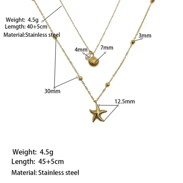 PVD Coated Real Gold Plated 18K Gold Starfish Shell 304 Stainless Steel Marine Style Simple Style Waterproof Non Tarnish 304 Stainless Steel Lobster Trigger Clasp Closure Double Layer Necklaces
