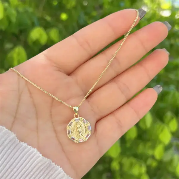 Wholesale Copper 18K Gold Plated Inlay Virgin Mary Zircon Pendant Necklace