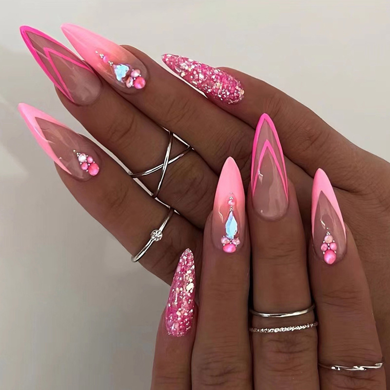 Wholesale Almond nail rose pink double-layer French flash fake nails European and American ins style wear nail French diamond manicure