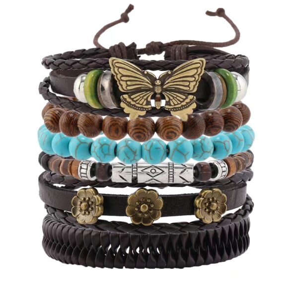 Wholesale Vintage Butterfly Flower Turquoise Leather Braided Set Leather Bracelet
