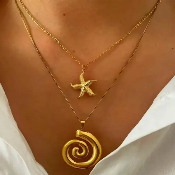 304 Stainless Steel Starfish Conch Shell PVD Coated Imitation Pearl Real Gold Plated Marine Style Waterproof Non Tarnish Surgical Steel Cross Chain Box Chain Lobster Trigger Clasp Closure Gold Pendant Necklace