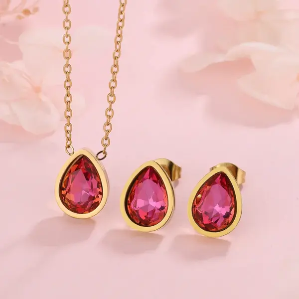 304 Stainless Steel Glass Water oplets Ion Plating (IP) Artificial Rhinestones 18K Gold Plated Sweet Simple Style Waterproof Non Tarnish Inlay Regular Chain Multicolor-Golden Yellow Jewelry Set