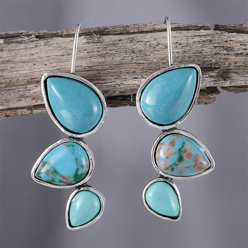 Wholesale Retro Bohemian style tearop-shaped turquoise inlaid earrings