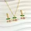 Wholesale Jewelry Elegant Cute Cherry Copper Zircon 18K Gold Plated Earrings Necklace Jewelry Set