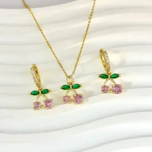Wholesale Jewelry Elegant Cute Cherry Copper Zircon 18K Gold Plated Earrings Necklace Jewelry Set
