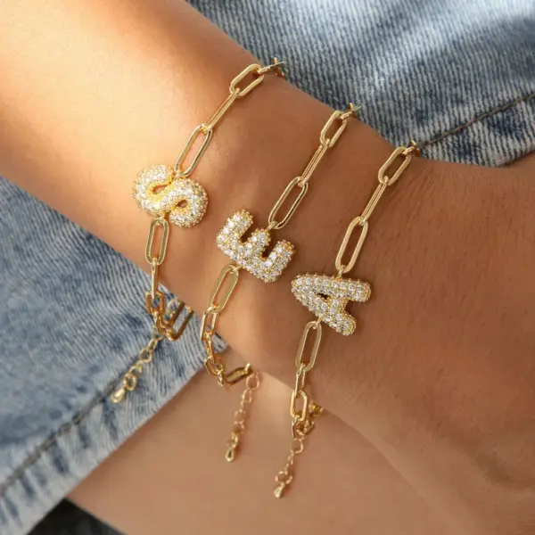 oly-c594c61fbe0ca10c8436a50d6285f497 Wholesale Jewelry Retro Letter Copper Zircon 18K Gold Plated Bracelets Paperclip Chain