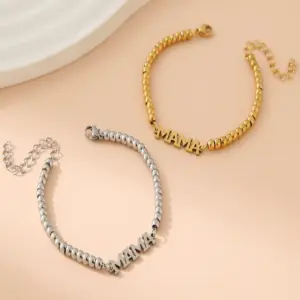 Wholesale Simple Style Classic Style Letter 304 Stainless Steel 18K Gold Plated Beaded Chain Bracelets In Bulk