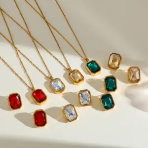 18K Gold Plated Stainless Steel Rectangle Pendant Necklace And Earrings With Embedded Zirconia For Women Casual Artistic Design