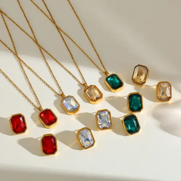 18K Gold Plated Stainless Steel Rectangle Pendant Necklace And Earrings With Embedded Zirconia For Women Casual Artistic Design