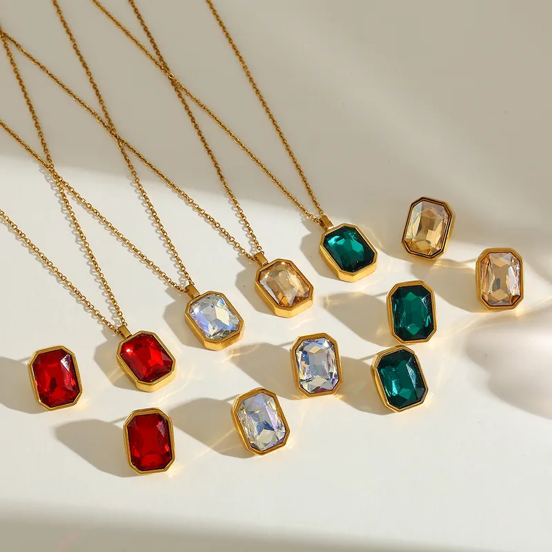 Wholesale 18K Gold Plated Stainless Steel Rectangle Pendant Necklace And Earrings With Embedded Zirconia For Women Casual Artistic Design