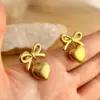 PVD Coated Real Gold Plated 18K Gold Heart Shape Bow Knot 304 Stainless Steel Elegant Glam Luxurious Waterproof Non Tarnish Dangling Earrings