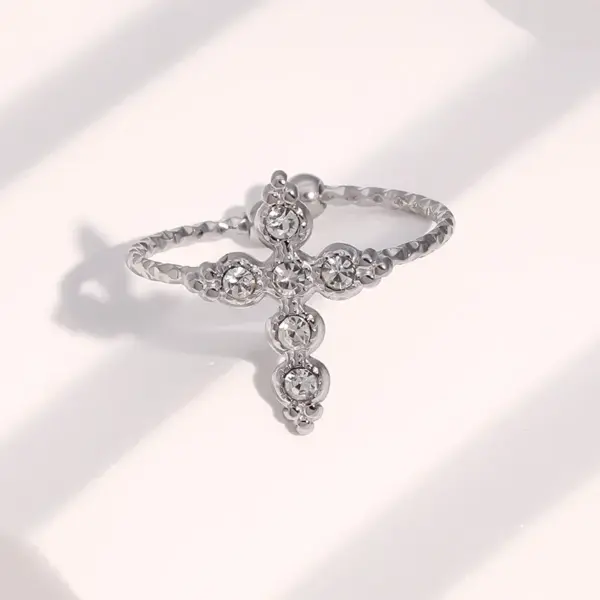 Wholesale Hot-Selling Stainless Steel Ring Personality Retro Cross Inlaid Diamond Open Ring 18k Gold Titanium Steel Jewelry For Women