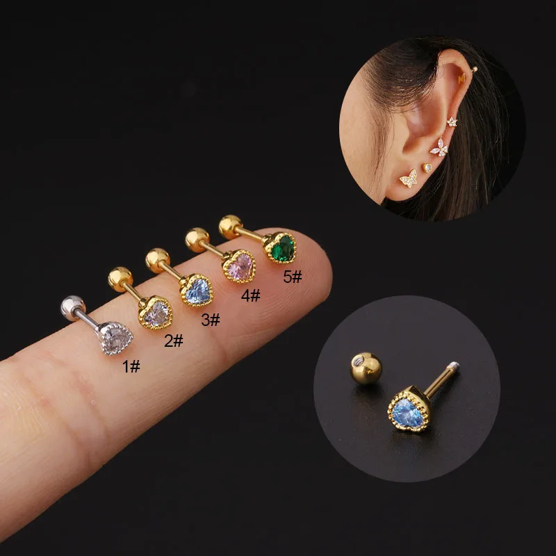 Wholesale Copper Artificial Gemstones Ear Cartilage Rings & Studs Heart Waterproof Non Tarnish Surgical Steel Women'S