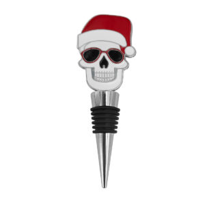 Red Santa hat, skull, black leather ring, cork