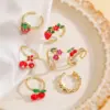 Wholesale Jewelry Casual Elegant Sweet Cherry Strawberry Copper Zircon 18K Gold Plated Enamel Plating Inlay Open Rings