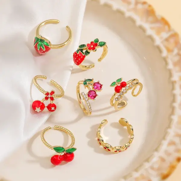 Wholesale Jewelry Casual Elegant Sweet Cherry Strawberry Copper Zircon 18K Gold Plated Enamel Plating Inlay Open Rings