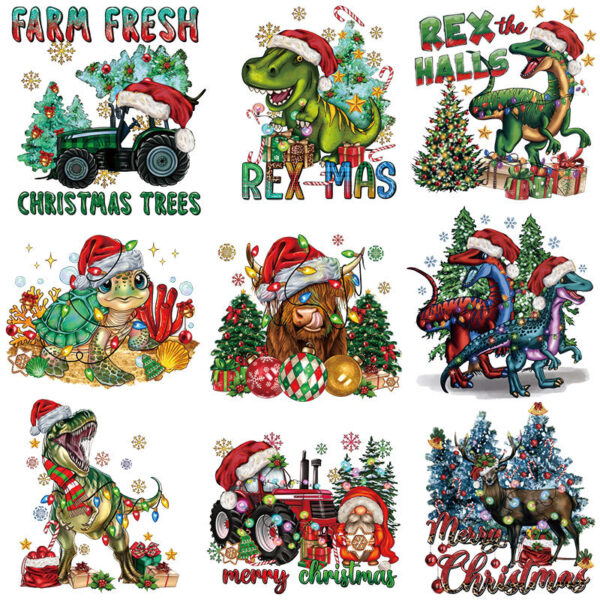 Wholesale Cartoon Dinosaur Christmas Hot Stamping Small Pattern T-Shirt Printing Hot Stamping Hot Stamping Washable Heat Transfer Logo