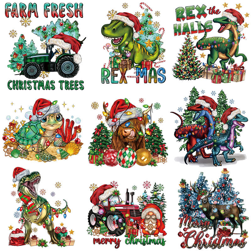 Wholesale Cartoon Dinosaur Christmas Hot Stamping Small Pattern T-Shirt Printing Hot Stamping Hot Stamping Washable Heat Transfer Logo