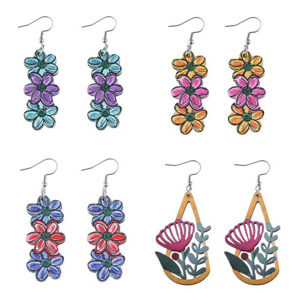 oly-c5e277686ca532dae27e3d27d081a415 Wholesale Spring and Summer Bohemian Color Flower Pendant Earrings Women Wooden Double-Sided Earrings Camping Holiday Gift
