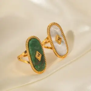 Wholesale 304 Stainless Steel Oval PVD Coated Natural Stone 18K Gold Plated Real Gold Plated INS Style Simple Style Waterproof Non Tarnish Plating Inlay Gold Rings