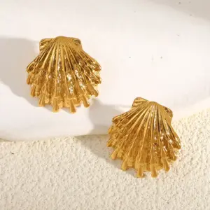 Hammered Shell Stud Earrings-Gold