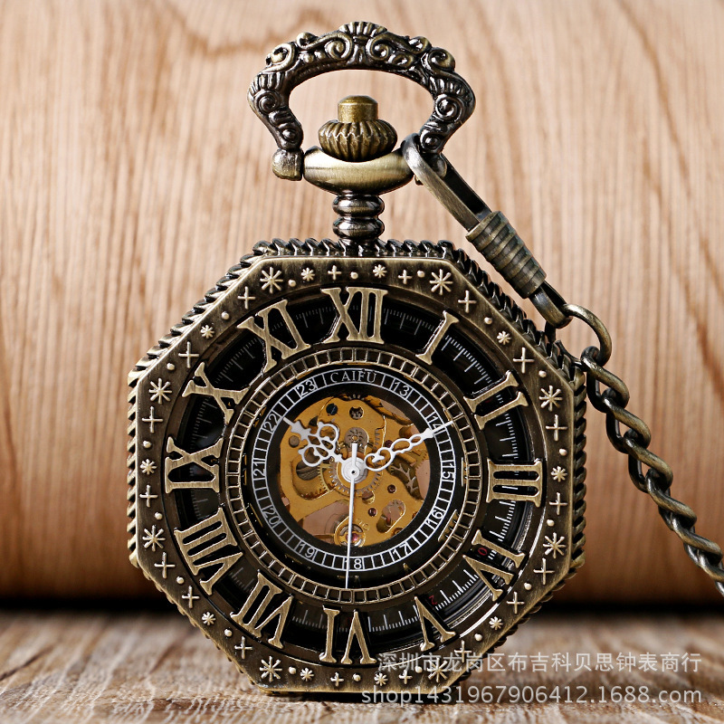 Wholesale A generation of hair carving double display Roman octagonal manual mechanical watch retro Roman numeral cket watch foreign trade hot sale