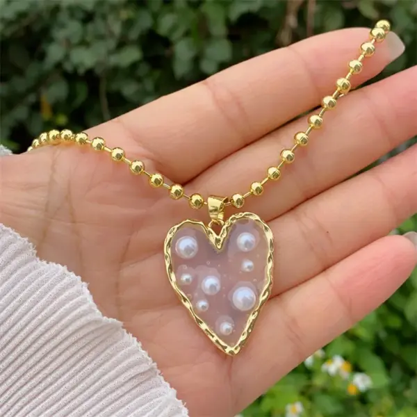 Wholesale Jewelry Retro Classic Style Heart Shape Copper Zircon 18K Gold Plated Inlay Ball Chain Twisted Rope Chain Pendant Necklace