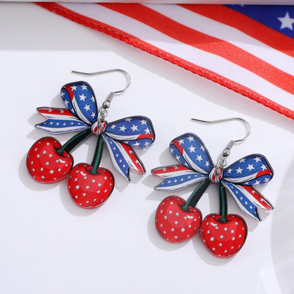 oly-c64bf15e796bb89f8ba1799ec5762ba6 Wholesale Cross-border New Independence Day Red White Blue Bow Cherry American Flag Pendant Earrings Acrylic Earrings
