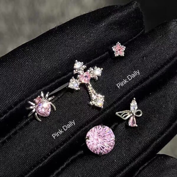 Wholesale Light Luxury Pink Zircon Cross Ear Bone Nail Titanium Steel Screw Fireworks Cut Ear Nail Butterfly Earrings Western Style