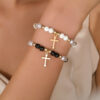 Wholesale Cross-border Hot-selling Elegant Cross Pendant Black Onyx Imitation Pearl Beaded Bracelet Women's Personalized Fashion Stacked Bracelet