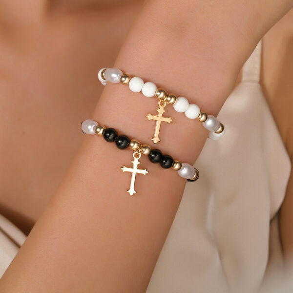 Wholesale Cross-border Hot-selling Elegant Cross Pendant Black Onyx Imitation Pearl Beaded Bracelet Women's Personalized Fashion Stacked Bracelet