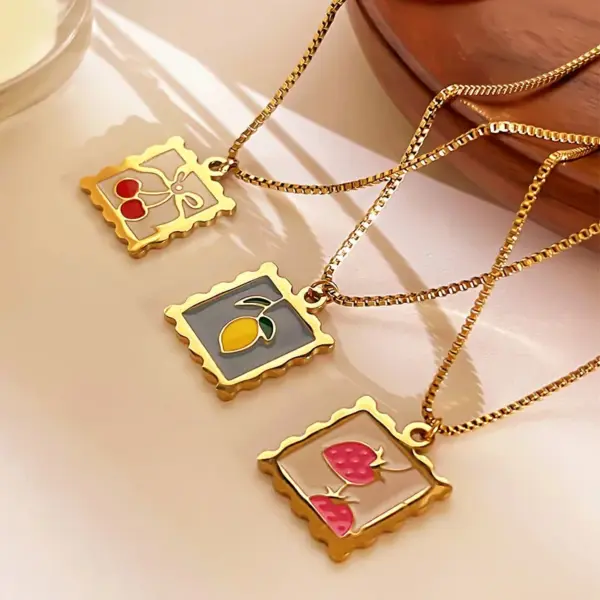 PVD Coated Real Gold Plated 18K Gold Lemon Cherry Strawberry 316L Stainless Steel Retro Sweet Waterproof Non Tarnish Surgical Steel Pendant Necklace