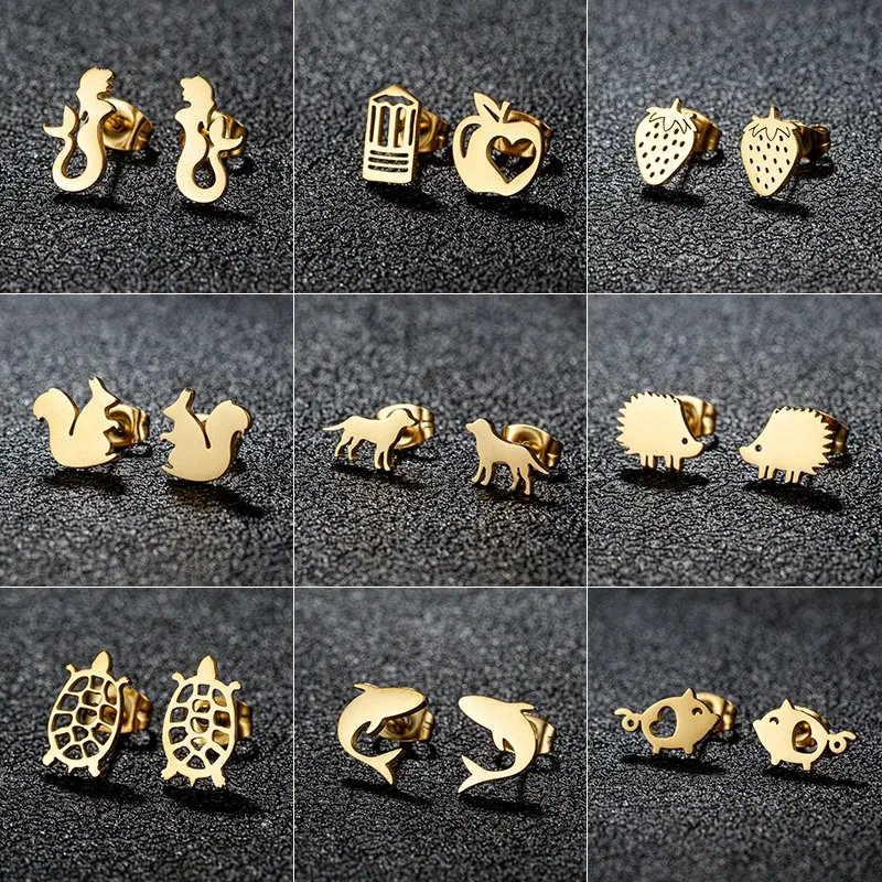 Wholesale PVD Coated 18K Gold Real Gold Plated Mermaid Apple Strawberry 304 Stainless Steel IG Style Modern Style Sweet Waterproof Non Tarnish Ear Stu