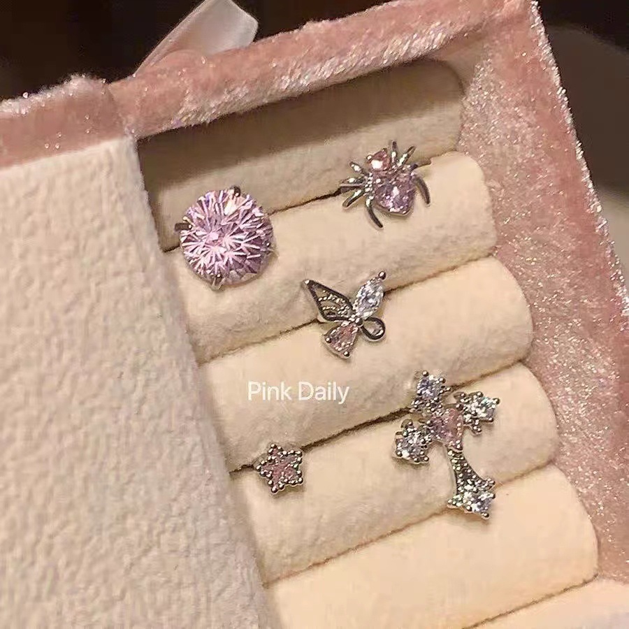 Wholesale Light Luxury Pink Zircon Cross Ear Bone Nail Titanium Steel Screw Fireworks Cut Ear Nail Butterfly Earrings Western Style